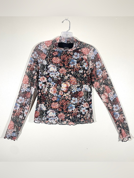 Automet Tops - Floral Mesh Mock Neck Top  Sheer Long Sleeve Coquette Fairy Grunge